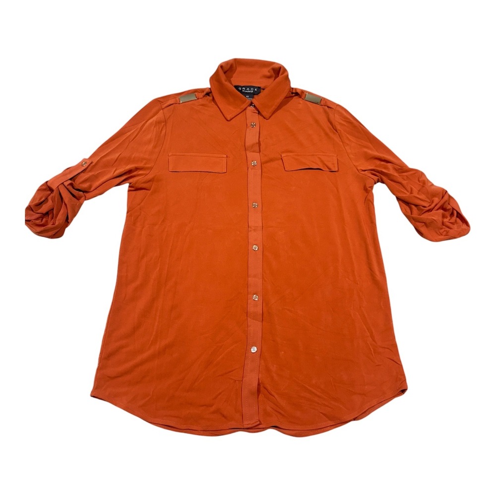 Grace The Perfect Fit Womens XS Cinnabar Orange Roll Tab Button Up Shirt New